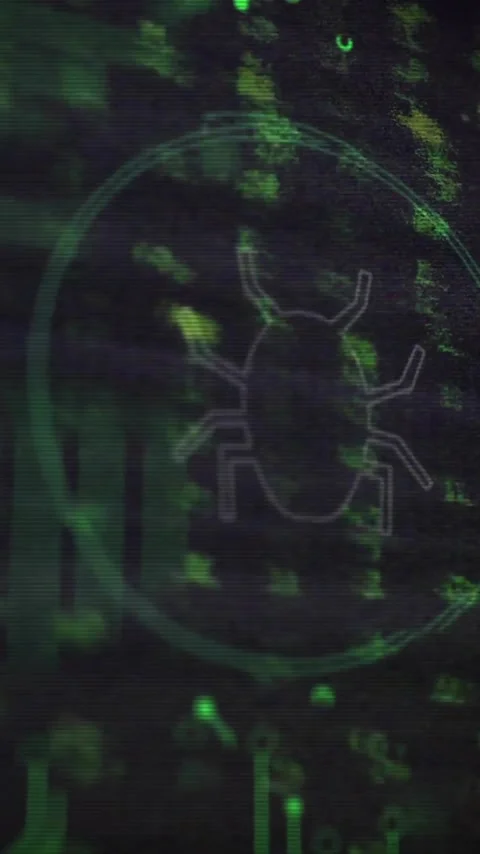 Animation of data processing and bug icon on black background Stock Footage 320444251