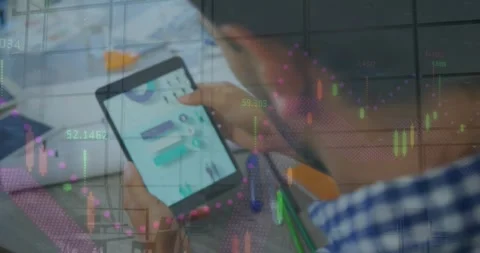 Animation of data processing and caucasian businessman using tablet over people Stock Footage 330664308