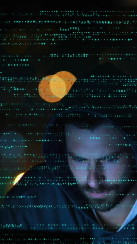 Animation of data processing and caucasian male hacker over black background Stock Footage 342641992
