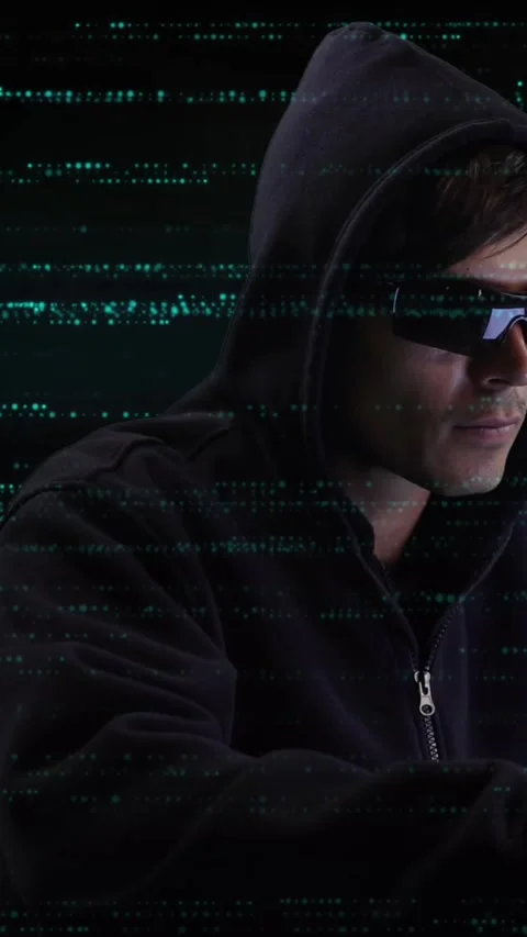 Animation of data processing and caucasian male hacker over black background Stock Footage 342676287
