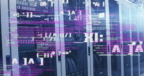 Animation of data processing and changing symbols against computer server room Stock Footage 330776439