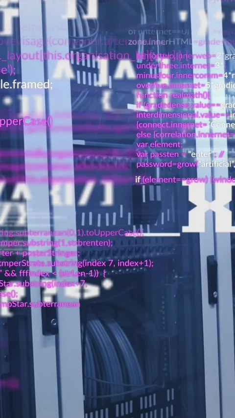 Animation of data processing and changing symbols against computer server room Stock Footage 344614266