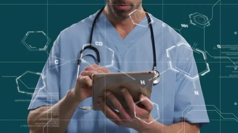 Animation of data processing and chemical formula over caucasian male doctor Stock Footage 309267361