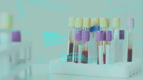 Animation of data processing and chemical formula over vials in lab Stock Footage 309356370