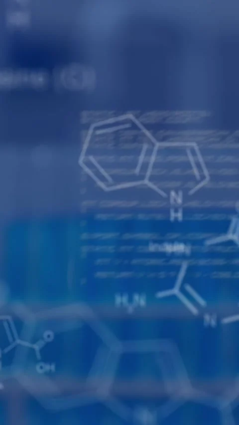 Animation of data processing and chemical formula over beakers and test tubes in Stock Footage 323248726