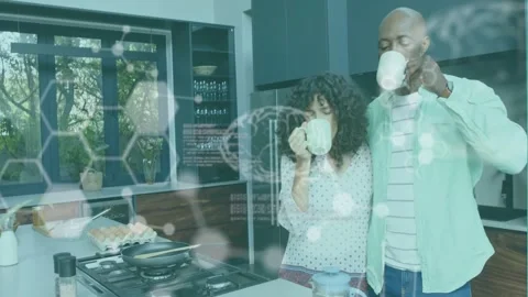 Animation of data processing and chemical formula over couple drinking coffee Stock Footage 325771599