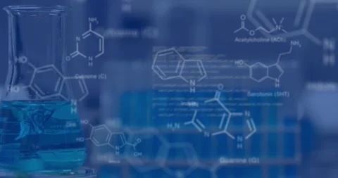 Animation of data processing and chemical formula over beakers and test tubes in Stock Footage 326031873
