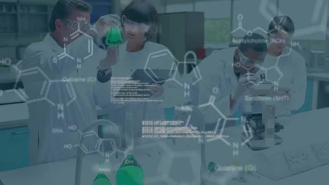 Animation of data processing and chemical formula over diverse scientists in lab Stock Footage 326032364