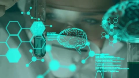 Animation of data processing and chemical formulas over female lab worker with Stock Footage 327447881