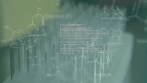Animation of data processing and chemical formula over empty vials in lab Stock Footage 327527901