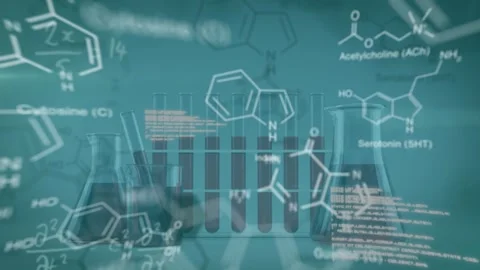 Animation of data processing and chemical formulas over test tubes on blue Stock Footage 327848247