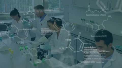 Animation of data processing and chemical formula over diverse scientists in lab Stock Footage 328145283