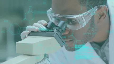 Animation of data processing and chemical formula over diverse scientists using Stock Footage 329569154