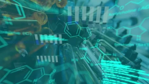 Animation of data processing and chemical formula over test tubes Stock Footage 329708509