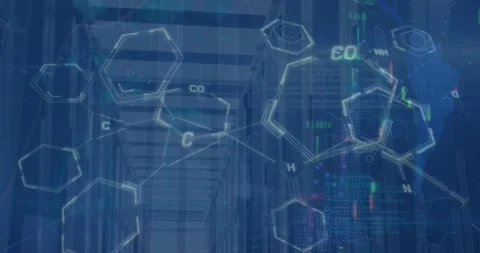 Animation of data processing and chemical formulas over test tubes and padlock Stock Footage 330058430