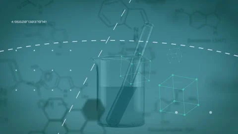 Animation of data processing and chemical formulas over test tube and glass on Stock Footage 330245944