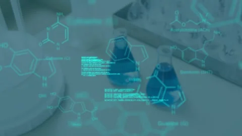 Animation of data processing and chemical formula over empty lab Stock Footage 330334846