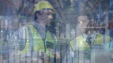Animation of data processing and cityscape over caucasian workers in warehouse Stock Footage 328009921