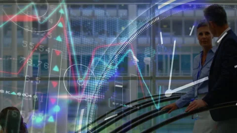 Animation of data processing and clock over diverse business people on escalator Stock Footage 310821826