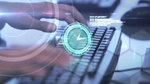 Animation of data processing and clock over caucasian woman typing on computer Stock Footage 327272868
