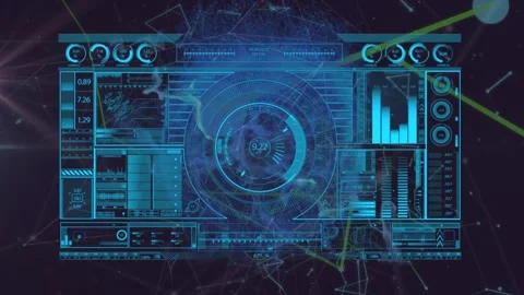 Animation of data processing and clock moving fast on screen Stock Footage 327710136