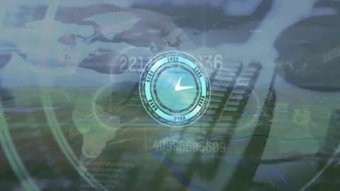 Animation of data processing and clock moving over hands using computer Stock Footage 327900322