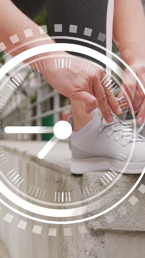 Animation of data processing and clock over caucasian woman exercising Stock Footage 343499177