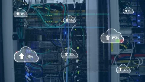 Animation of data processing and cloud icons over server room Stock Footage 328523399