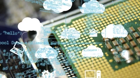 Animation of data processing and clouds over computer processor Stock Footage 162953355