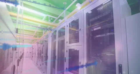 Animation of data processing and colorful spots of light against computer server Stock Footage 328718553