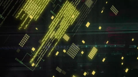 Animation of data processing and computer circuit board over server room Stock Footage 313395051