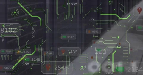 Animation of data processing and computer motherboard and servers Stock Footage 328250999