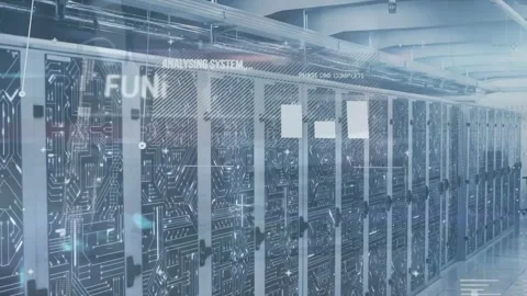 Animation of data processing and computer circuit board over server room Stock Footage 328354778