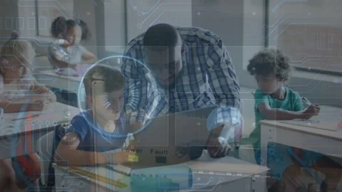 Animation of data processing and computer circuit board over diverse Stock Footage 328926879