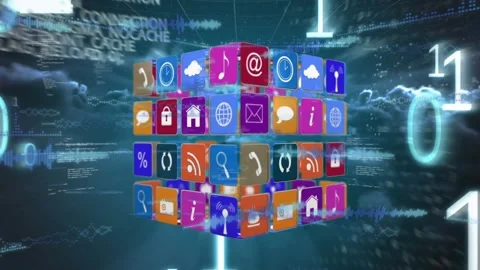 Animation of data processing and cube with icons over binary coding Stock Footage 328641519