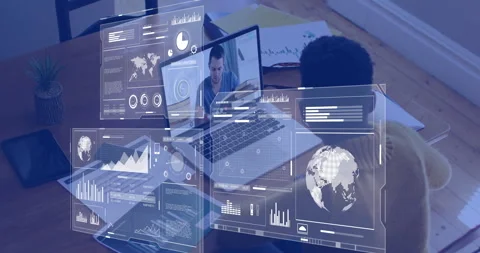 Animation of data processing and diagrams over diverse male teacher and student Stock Footage 267824893