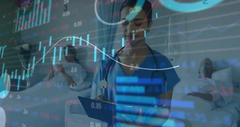 Animation of data processing and diagrams over biracial female nurse writing on Stock Footage 267824993