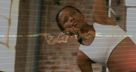Animation of data processing and diagrams over biracial woman exercising Stock Footage 308841326
