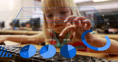 Animation of data processing and diagrams over caucasian girl using computer Stock Footage 309435582