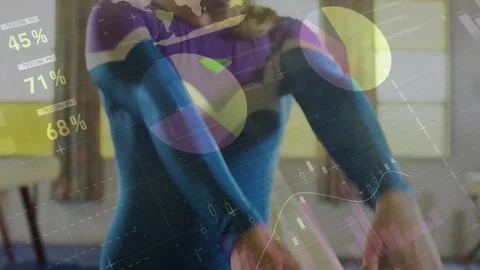 Animation of data processing and diagrams over caucasian woman exercising at gym Stock Footage 309436107