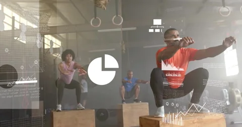 Animation of data processing and diagrams over diverse people jumping on boxes Stock Footage 310220823