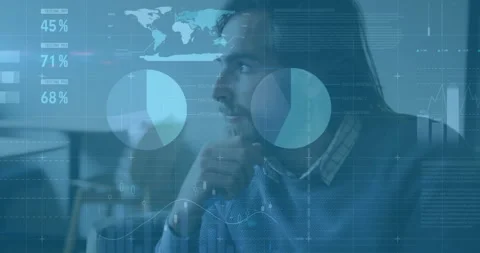 Animation of data processing and diagrams over caucasian man thinking Stock Footage 310821901