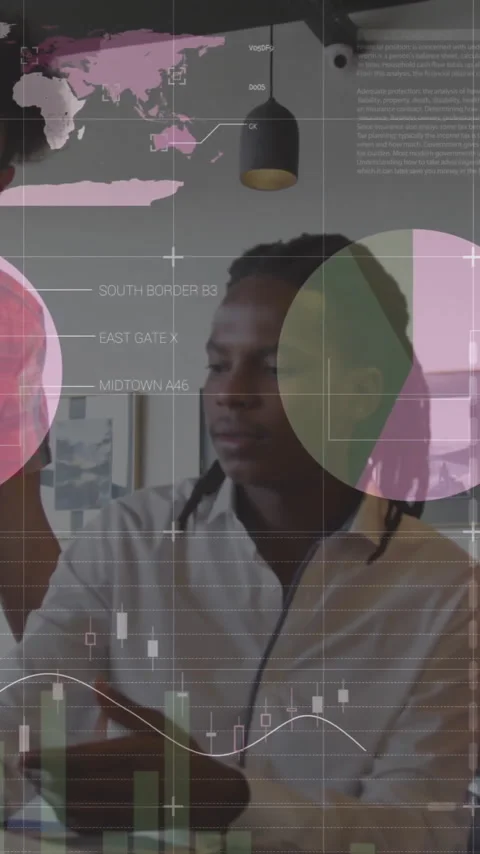 Animation of data processing and diagrams over diverse colleagues discussing Stock Footage 319415954