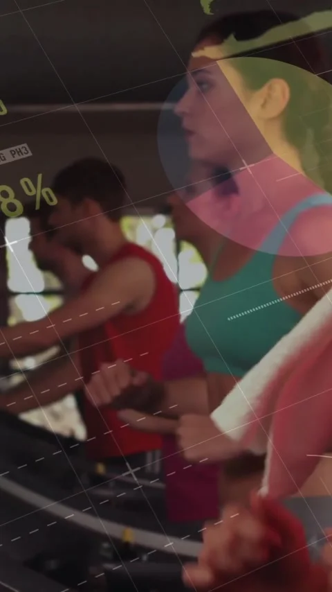 Animation of data processing and diagrams over caucasian people exercising at Stock Footage 320183735