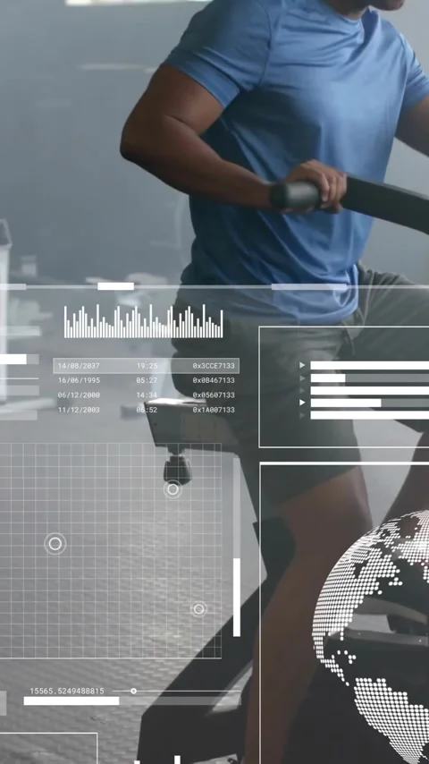 Animation of data processing and diagrams over man exercising with elliptical Stock Footage 320379033