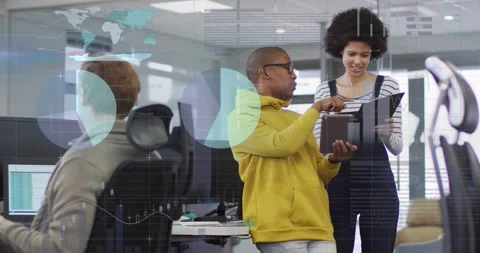 Animation of data processing and diagrams over diverse colleagues discussing Stock Footage 327198915