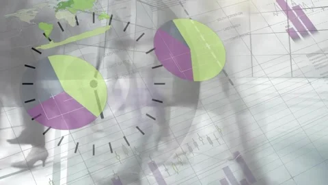 Animation of data processing and diagrams over business people walking and clock Stock Footage 327393966