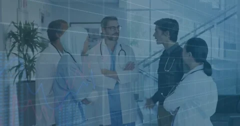 Animation of data processing and diagrams over diverse doctors talking Stock Footage 328240395