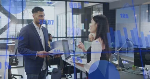 Animation of data processing and diagrams over diverse colleagues discussing Stock Footage 328642561