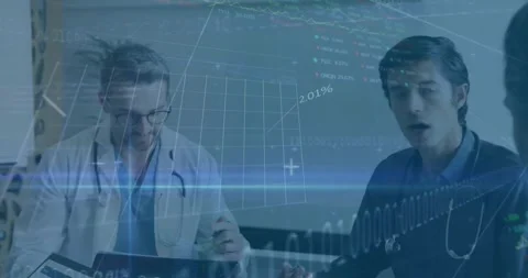Animation of data processing and diagrams over diverse male doctors talking Stock Footage 328648933
